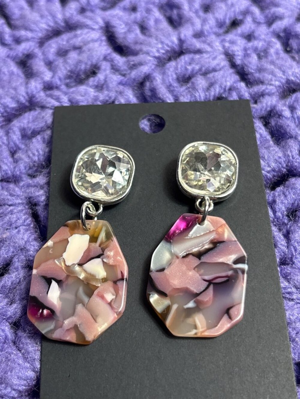 Clear Rhinestone Multicolor Acrylic Dangle Earrings Silvertone 1.75 inches